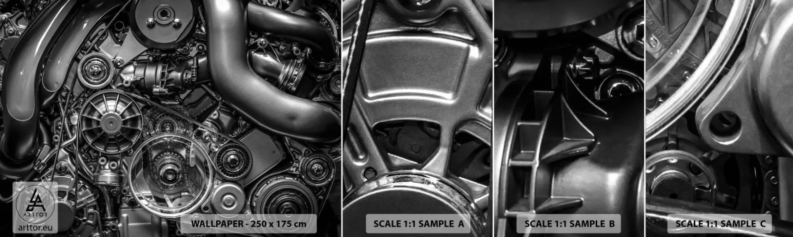 Vzorka samolepiacej fototapety Deluxe Sticker - Poézia mechaniky - Motor, Mechanik, Kovové - 100x30 cm