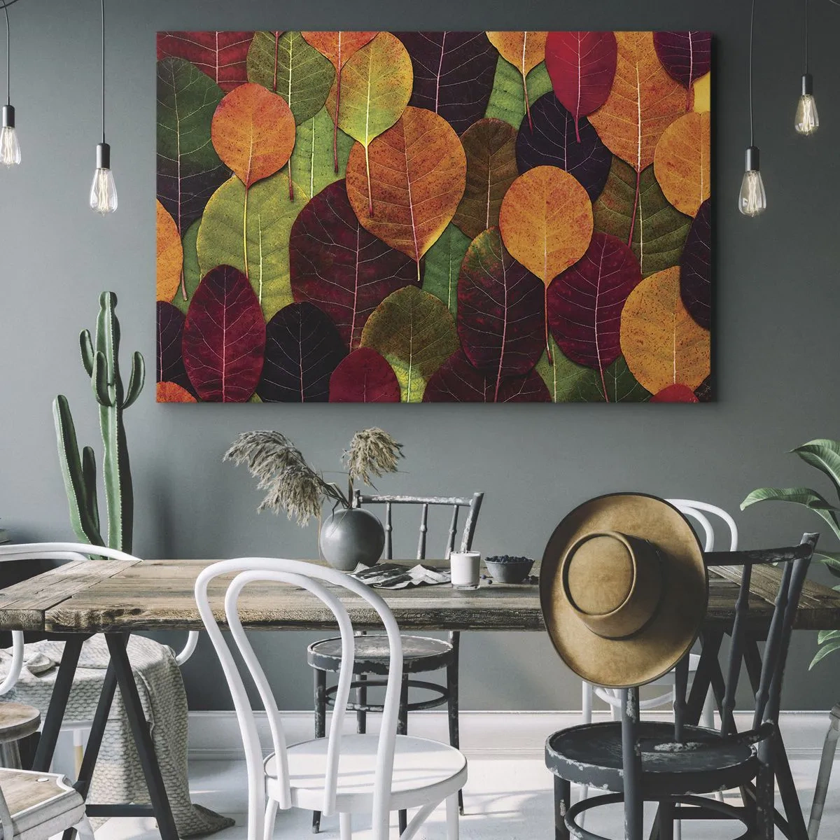 Obraz na plátne - Farebné listy usporiadané do jesenného vzoru - 70x50cm - Jesenná mozaika - Moderná nástenná dekorácia do obývacej izby a spálne ARTTOR
