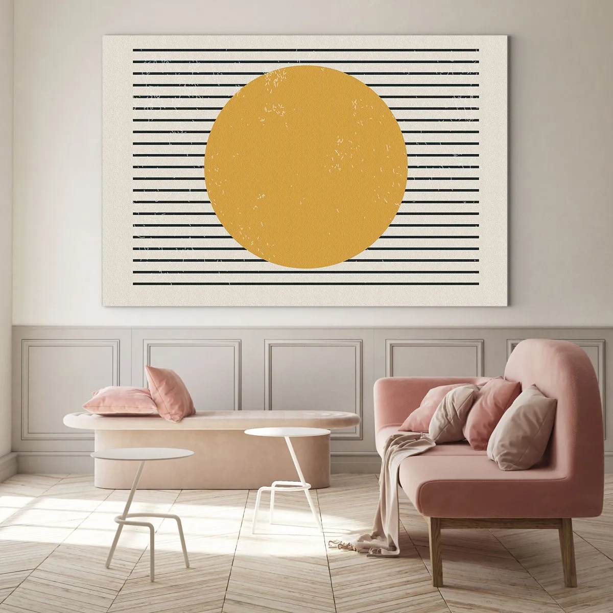 Obraz na skle - Oranžový kruh na pozadí horizontálnych čiernych čiar na béžovom pozadí. - 70x50cm - Sila jednoduchosti - Moderná nástenná dekorácia do obývacej izby a spálne ARTTOR