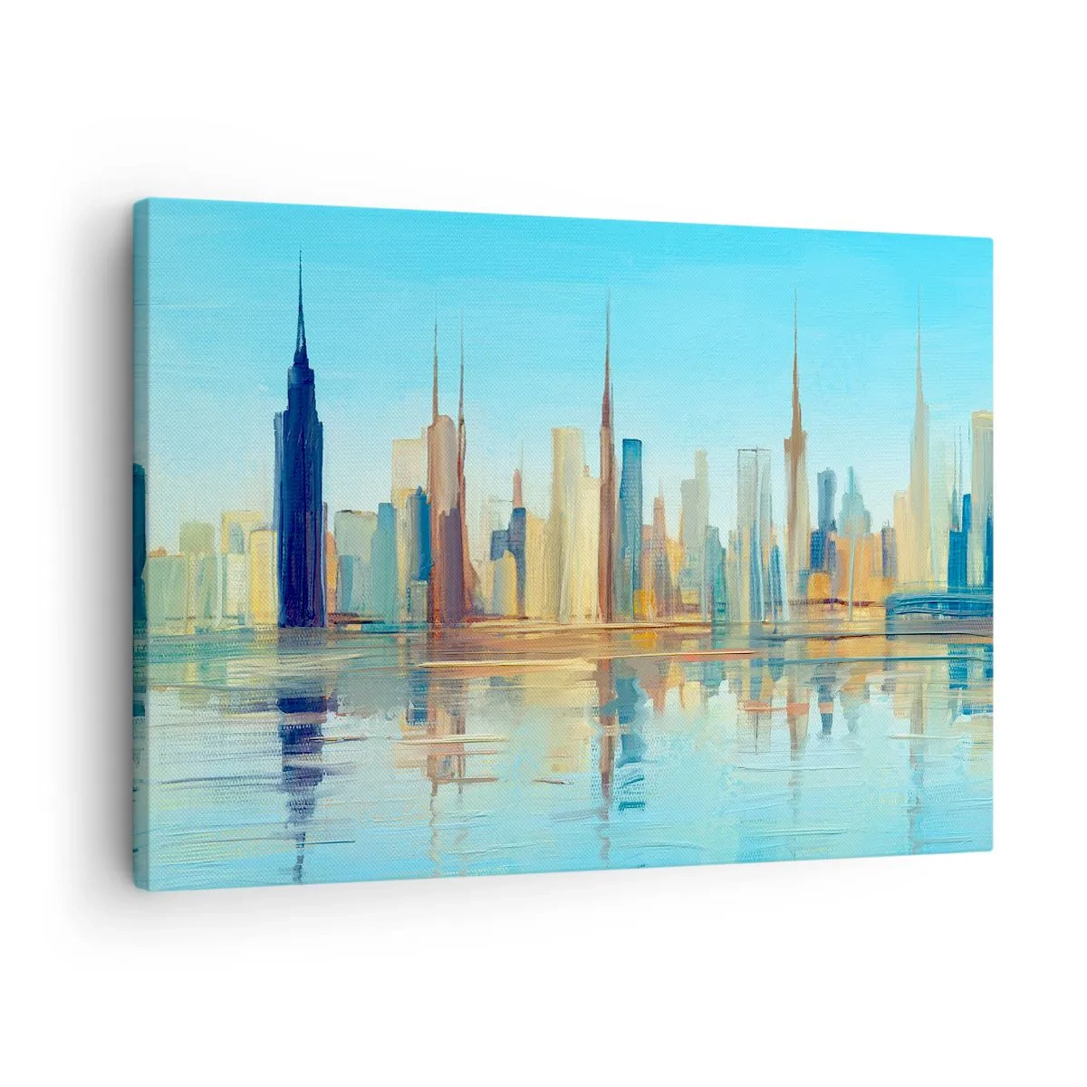 Obraz na plátne - Panoráma mesta v teplých farbách s odrazom vo vode - 70x50cm - Slnečná metropola - Moderná nástenná dekorácia do obývacej izby a spálne ARTTOR