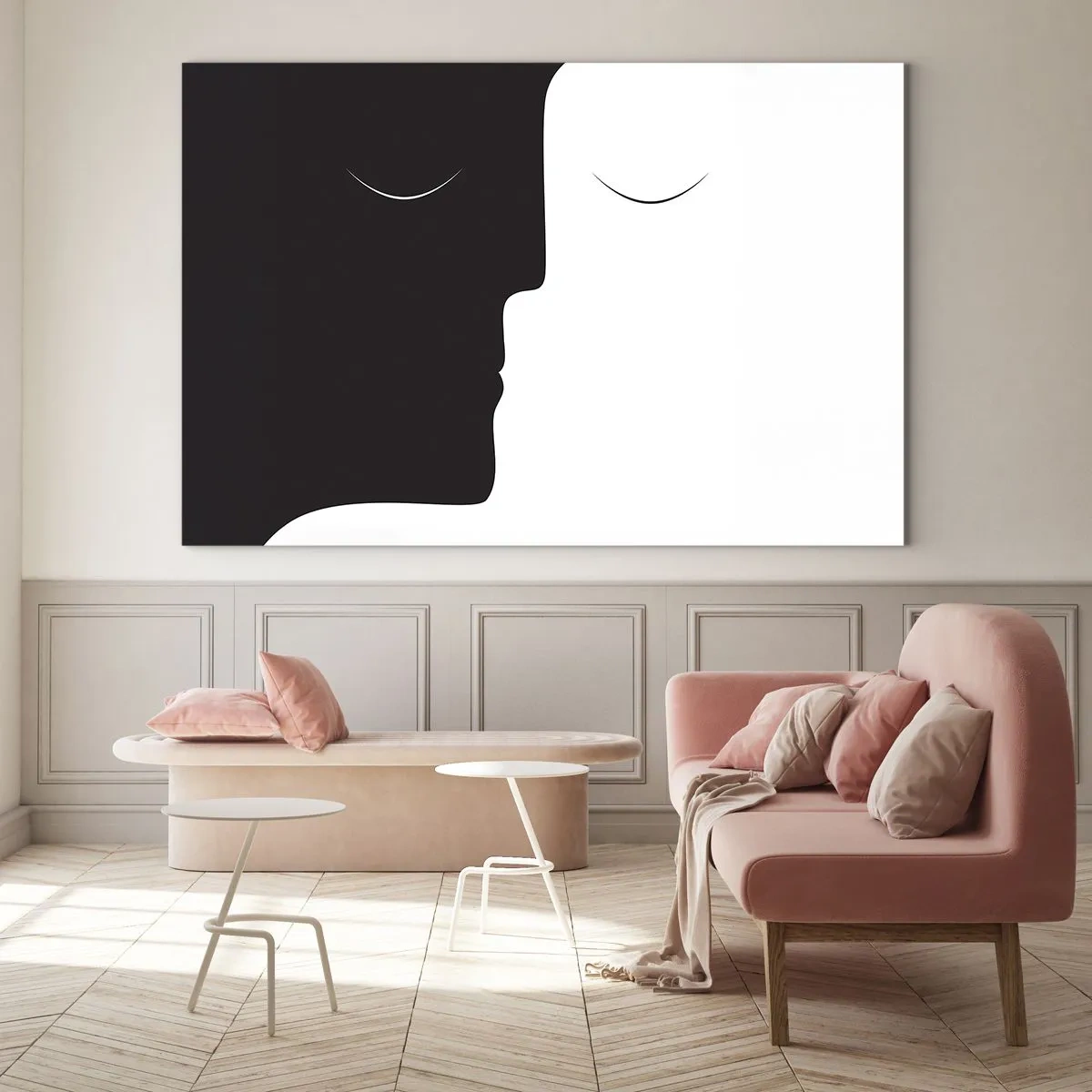 Obraz na skle - Minimalistické čiernobiele tváre tvoriace jednotu - 70x50cm - Jednota protikladov - Moderná nástenná dekorácia do obývacej izby a spálne ARTTOR