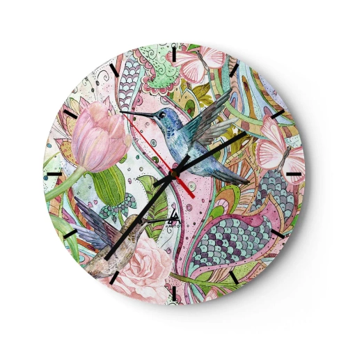 Nástenné hodiny - Farebné kolibríky a kvety na pozadí umeleckých vzorov - 30x30cm - Zamotané do lián - Moderná nástenná dekorácia do obývacej izby, kuchyne a spálne ARTTOR
