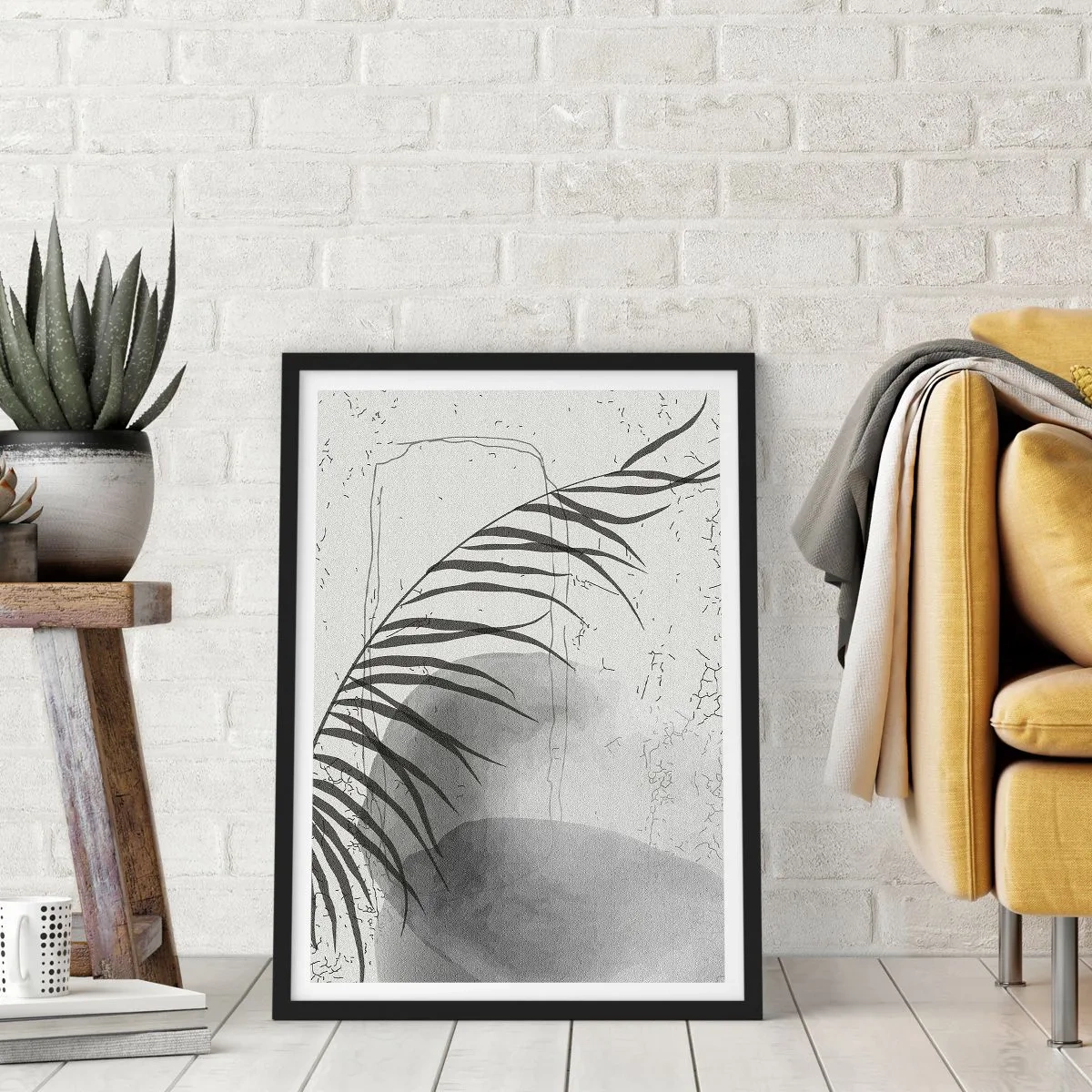 Plagát v čiernom ráme - Minimalistická botanická kompozícia v odtieňoch sivej - 50x70cm - Subtílna exotika prírody - Moderná nástenná dekorácia do obývacej izby a spálne ARTTOR