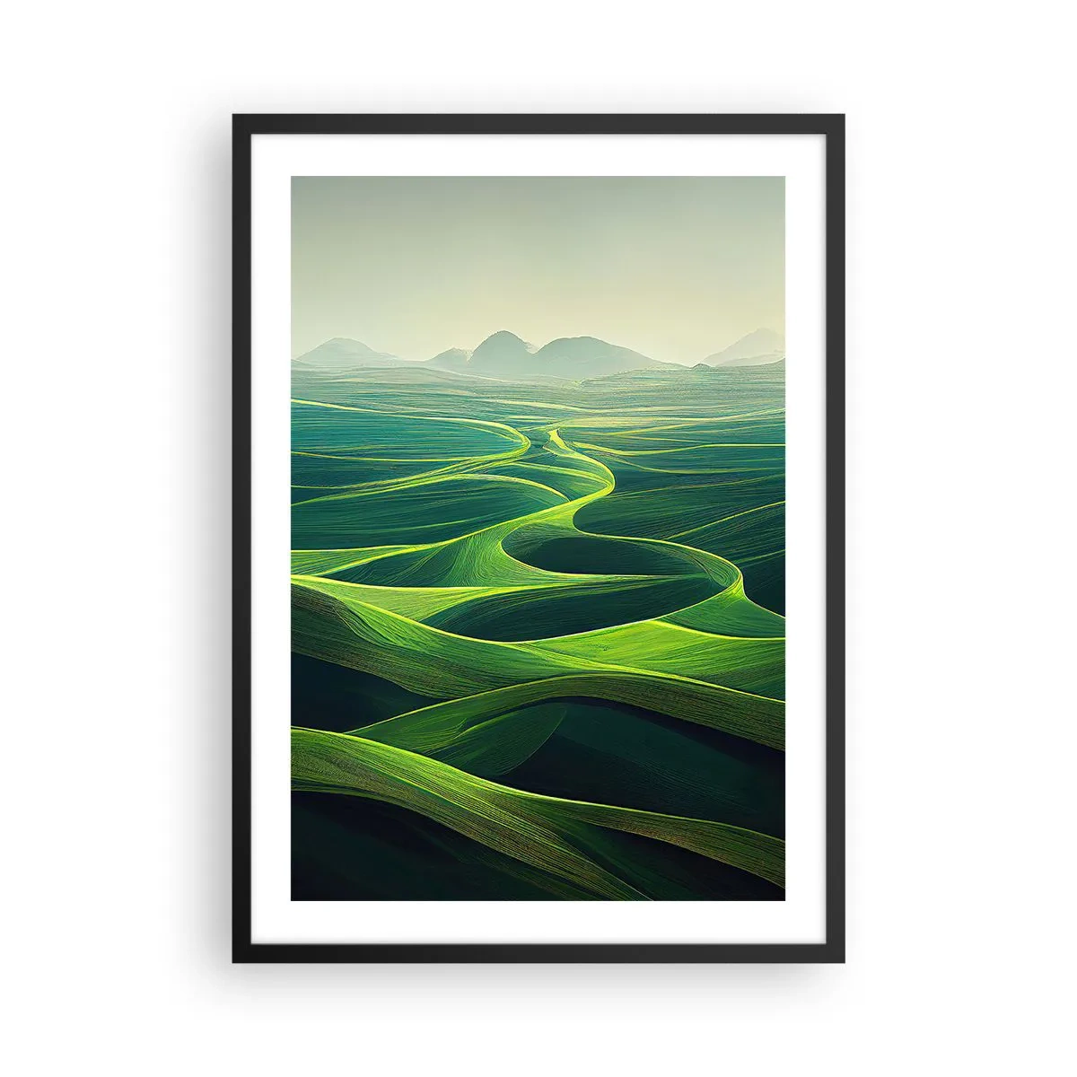 Plagát v čiernom ráme - Zelené zvlnené polia s výhľadom na hory - 50x70cm - V zelených údoliach - Moderná nástenná dekorácia do obývacej izby a spálne ARTTOR