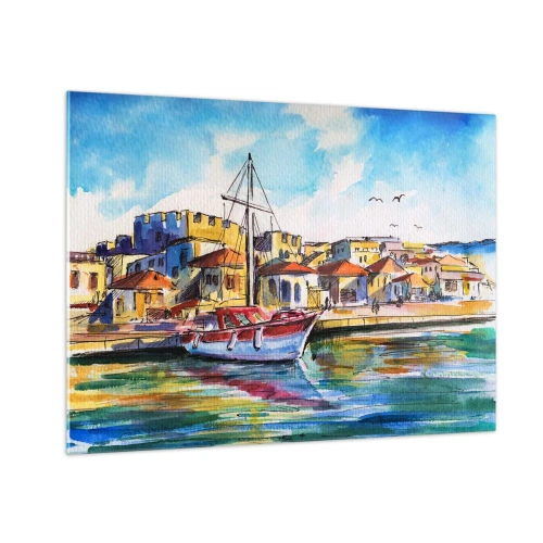 Obraz na skle - Farebný prístav s plachetnicou a stredomorskou architektúrou - 70x50cm - Dúhové popoludnie - Moderná nástenná dekorácia do obývacej izby a spálne ARTTOR
