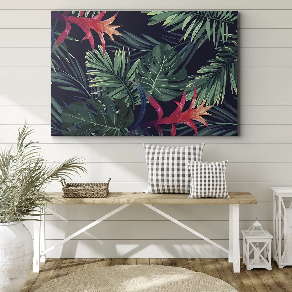 Obraz na plátne - Tropické listy a kvety na tmavom pozadí - 70x50cm - Vzplanúť v zelenom - Moderná nástenná dekorácia do obývacej izby a spálne ARTTOR