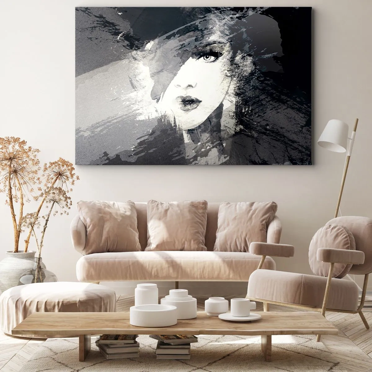 Obraz na plátne - Abstraktný portrét ženy v odtieňoch sivej s jemnými akcentmi. - 70x50cm - Za šedým závojom - Moderná nástenná dekorácia do obývacej izby a spálne ARTTOR