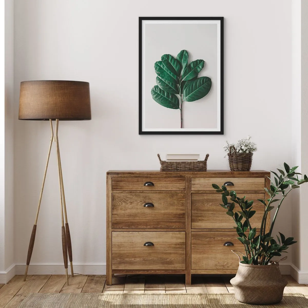 Plagát v čiernom ráme - Konár s tmavozelenými listami na svetlom pozadí - 50x70cm - Kresba samotnej prírody - Moderná nástenná dekorácia do obývacej izby a spálne ARTTOR