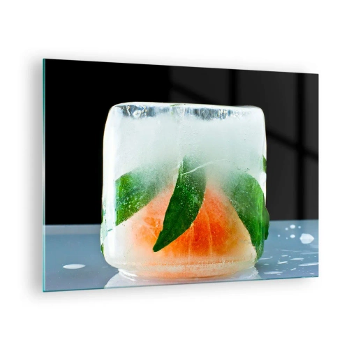 Obraz na skle - Ovocie a listy zmrazené v čírom ľade - 70x50cm - Sviežosť a osvieženie - Moderná nástenná dekorácia do obývacej izby a spálne ARTTOR