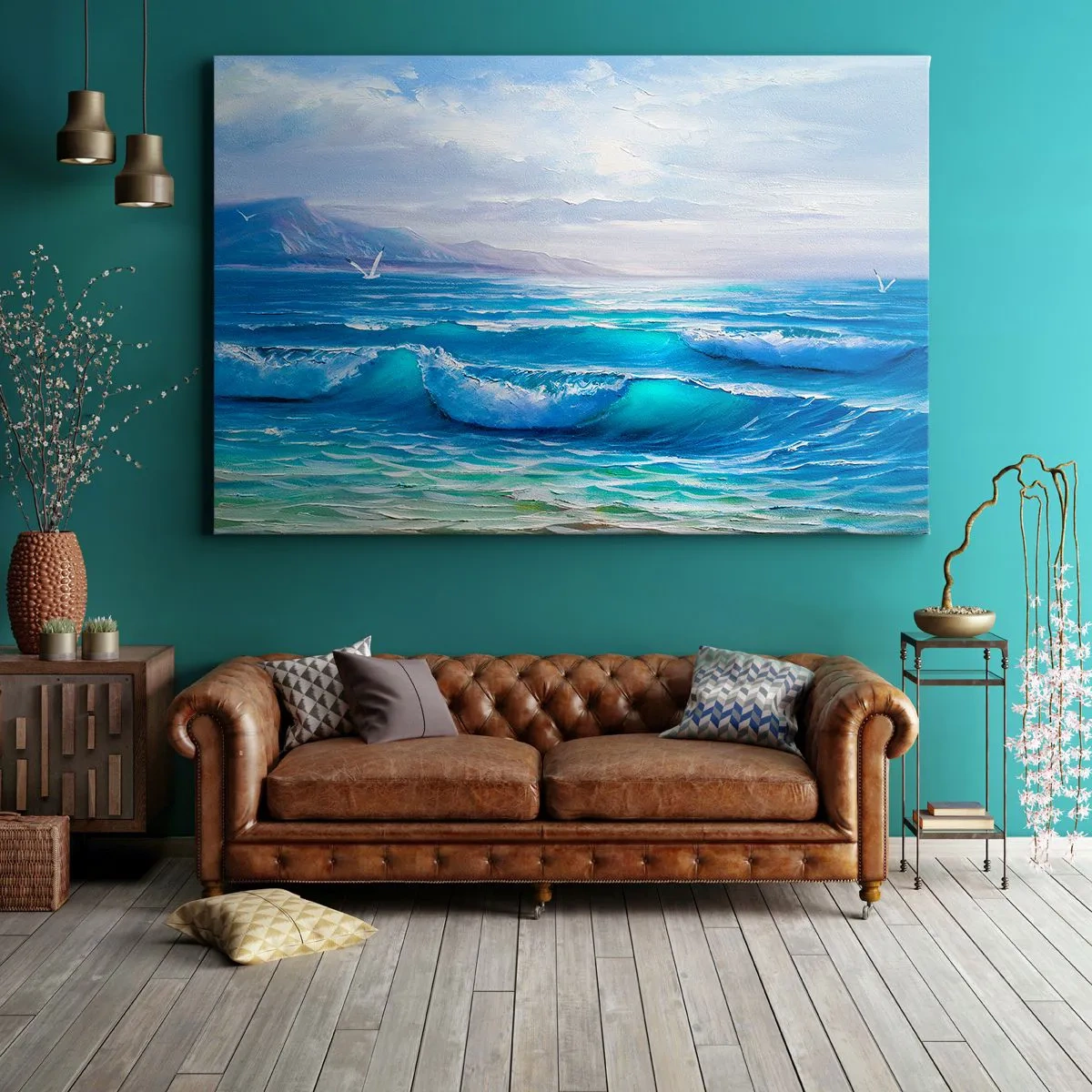 Obraz na plátne - Malebná prímorská krajina s vlnami a modrou oblohou - 70x50cm - Prináša ukojenie - Moderná nástenná dekorácia do obývacej izby a spálne ARTTOR
