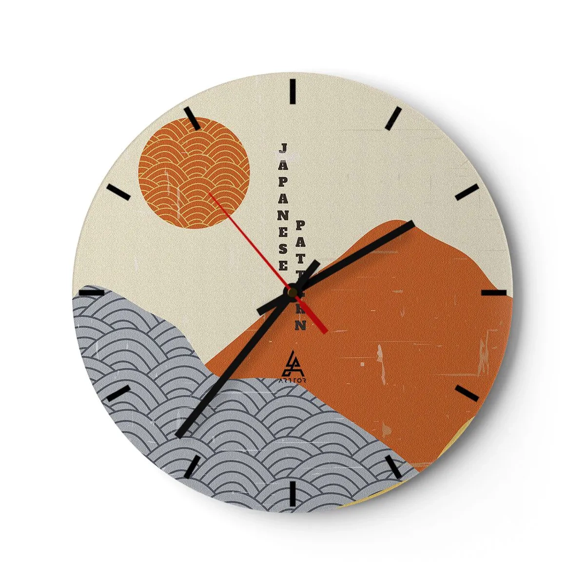 Nástenné hodiny - Grafické japonské vzory s horami, slnkom a vlnami - 30x30cm - V japonskom duchu - Moderná nástenná dekorácia do obývacej izby, kuchyne a spálne ARTTOR