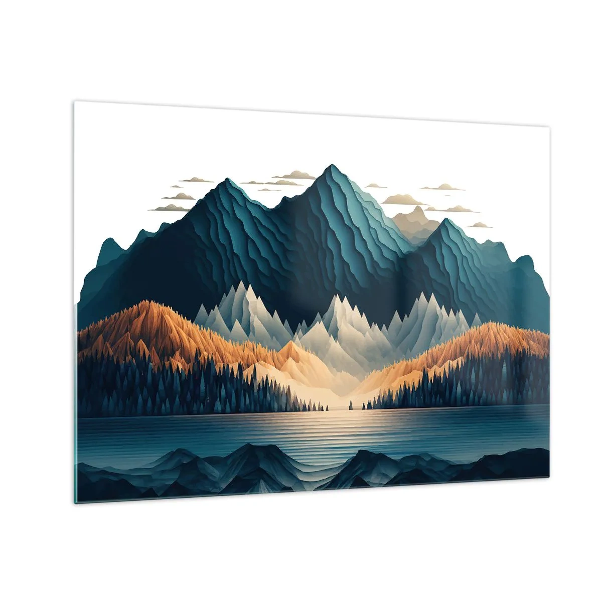 Obraz na skle - Štylizovaná horská krajina s lesom a jazerom - 70x50cm - Dokonalá horská krajina - Moderná nástenná dekorácia do obývacej izby a spálne ARTTOR