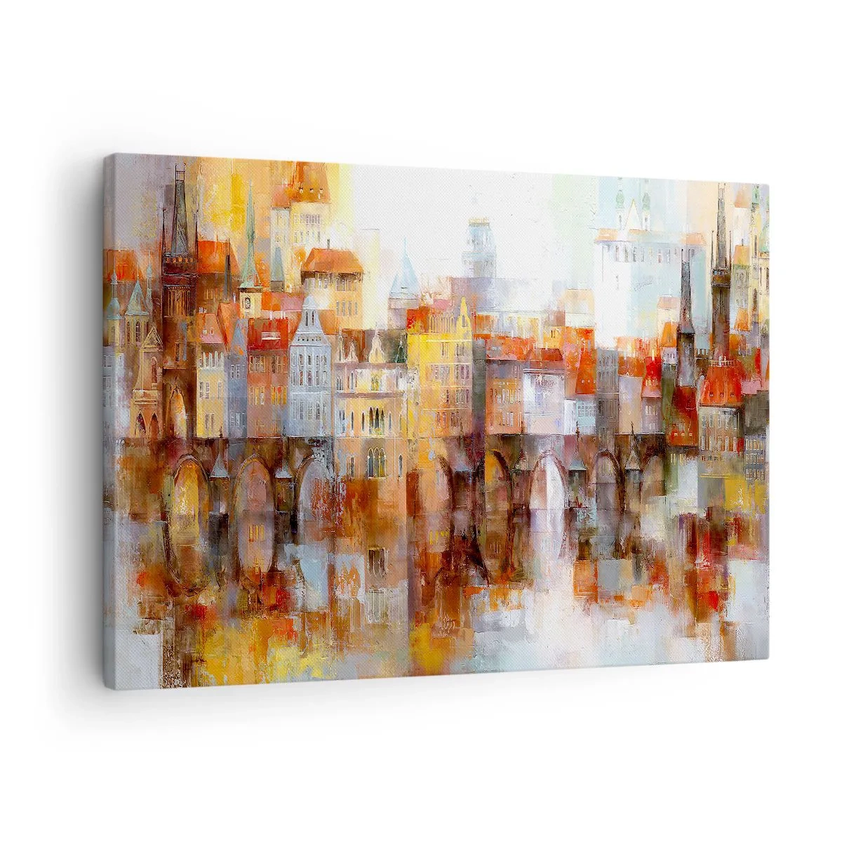 Obraz na plátne - Malebná panoráma mesta s mostom v jesenných farbách - 70x50cm - Pod mostom je tiež krásne - Moderná nástenná dekorácia do obývacej izby a spálne ARTTOR