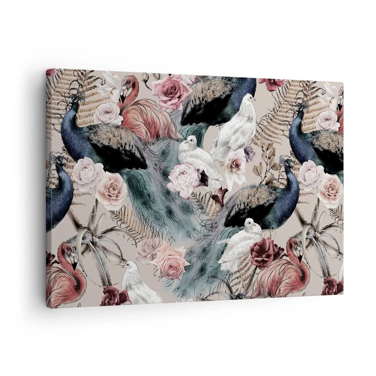 Obraz na plátne - Krajina s pávími perami, ružami a vtákmi v romantickom štýle. - 70x50cm - V palácovej záhrade - Moderná nástenná dekorácia do obývacej izby a spálne ARTTOR