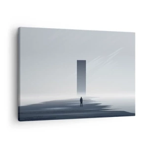 Obraz na plátne - Minimalistická krajina so siluetou vedľa obdĺžnikového monolitu - 70x50cm - Príležitosť alebo hrozba? - Moderná nástenná dekorácia do obývacej izby a spálne ARTTOR
