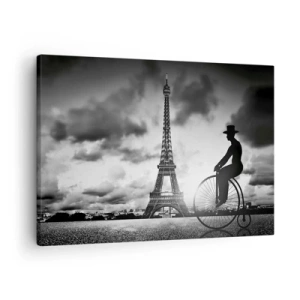 Obraz na plátne - Čiernobiely obrázok retro bicykla s Eiffelovou vežou v pozadí - 70x50cm - Túžba po Belle Epoque - Moderná nástenná dekorácia do obývacej izby a spálne ARTTOR