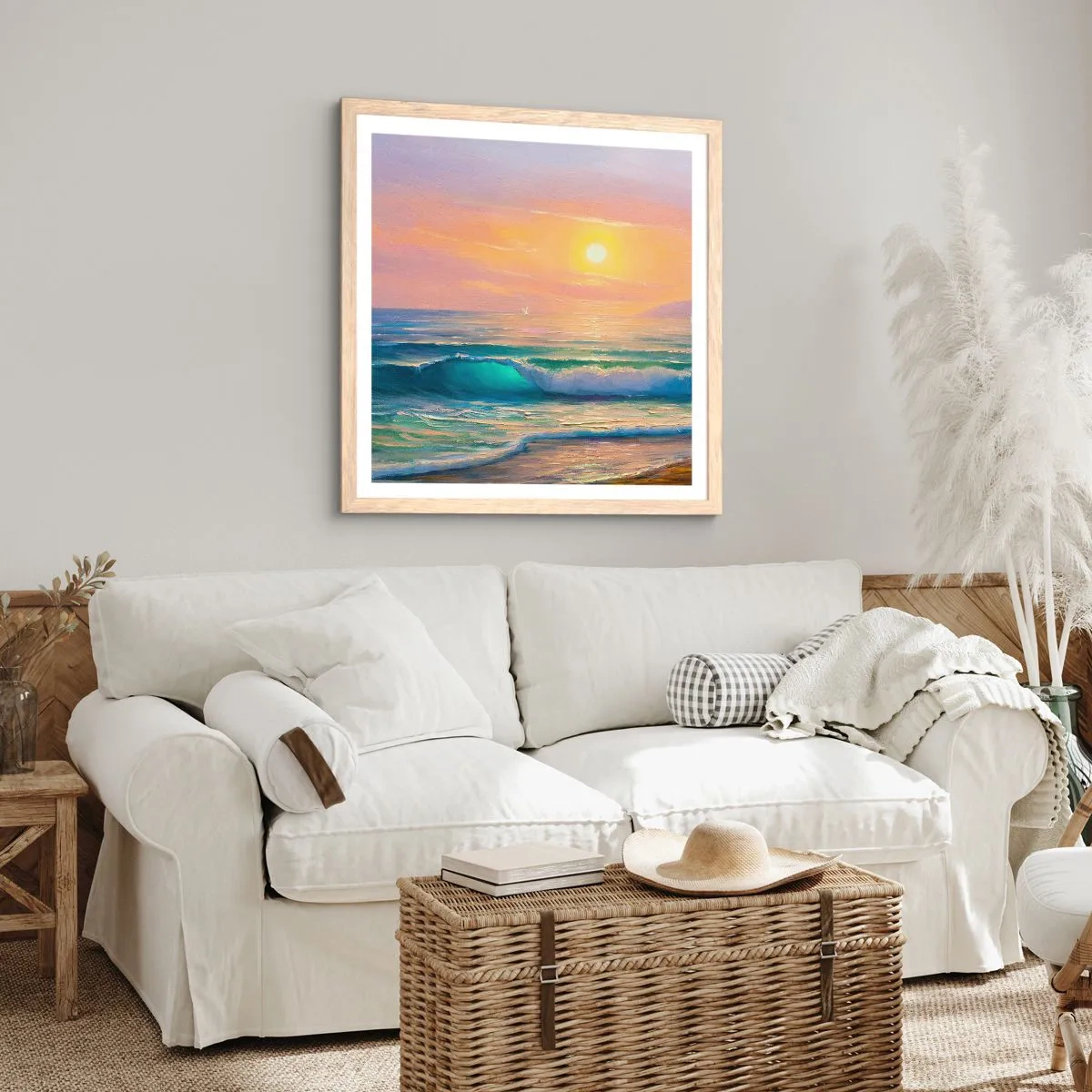 Plagát v ráme zo svetlého duba - Tyrkysová pieseň vĺn - 30x30 cm