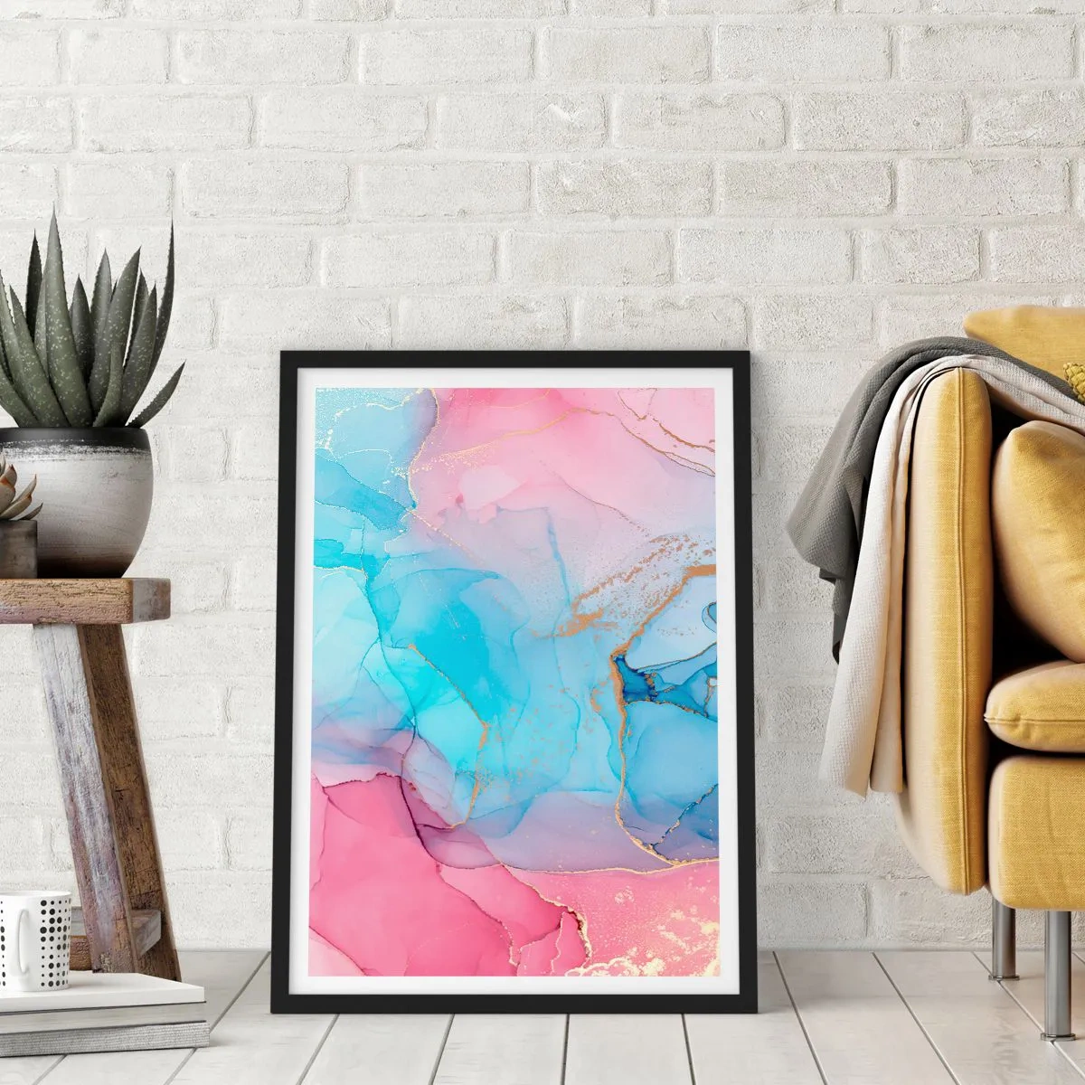 Plagát v čiernom ráme - Abstraktné škvrny v odtieňoch ružovej, modrej a zlatej - 50x70cm - Stretávanie a prelínanie - Moderná nástenná dekorácia do obývacej izby a spálne ARTTOR