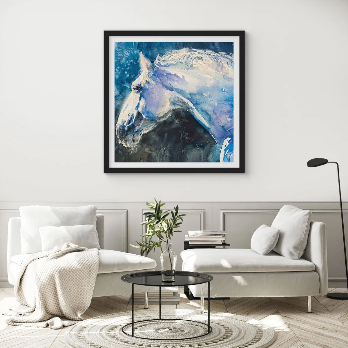 Plagát v čiernom ráme - Portrét v modrej žiare - 60x60 cm