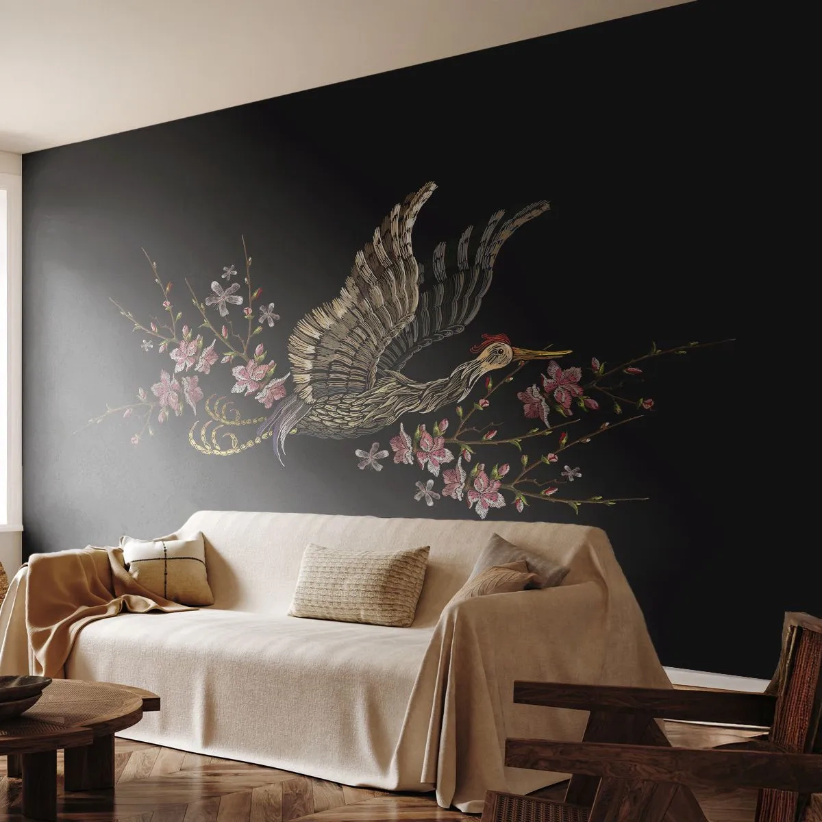 Fototapeta Premium Sand - Exotický vyšívaný vták - Vták, Grafika, Kvety - 350x256 cm