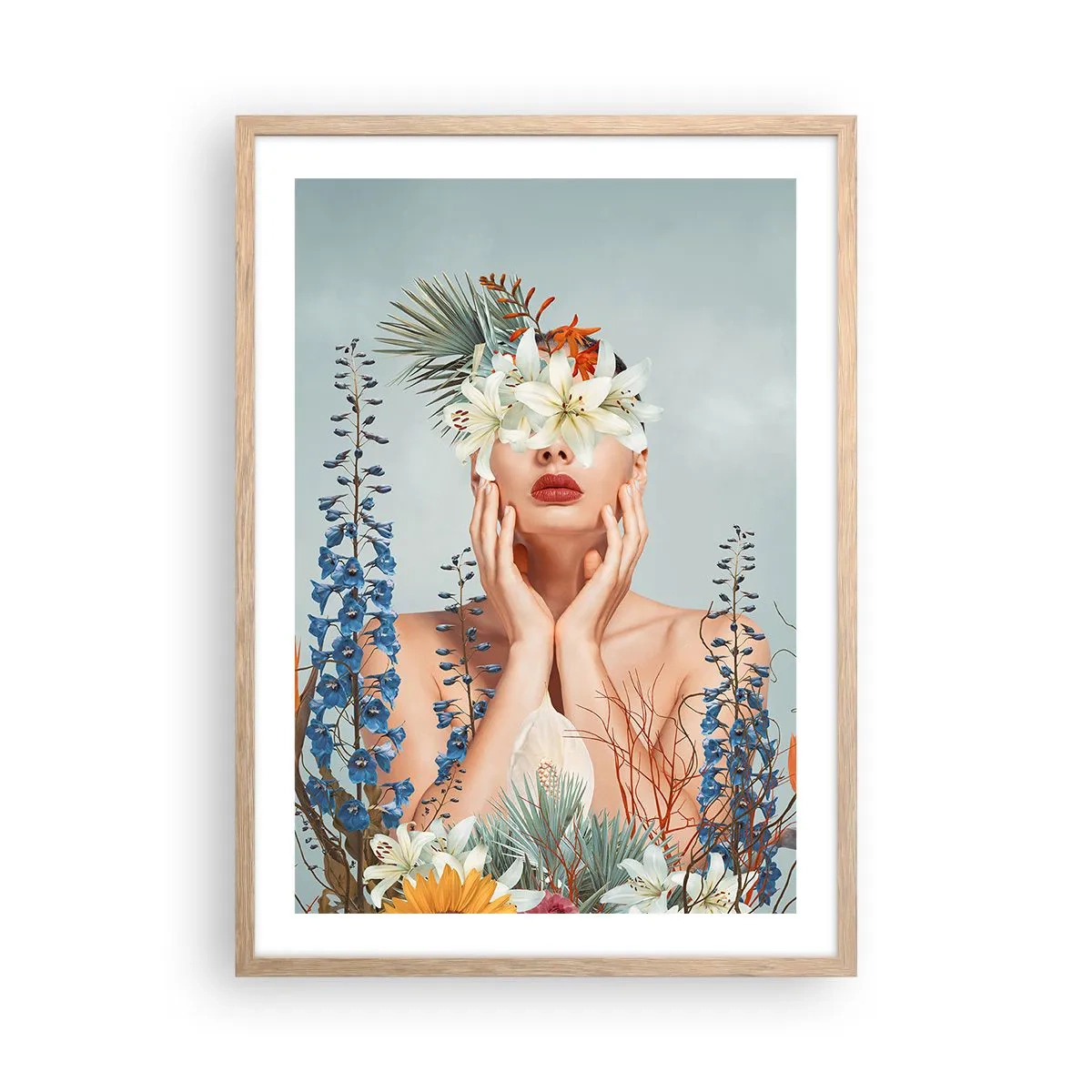 Plagát v ráme zo svetlého duba - Žena – kvetina - 50x70 cm