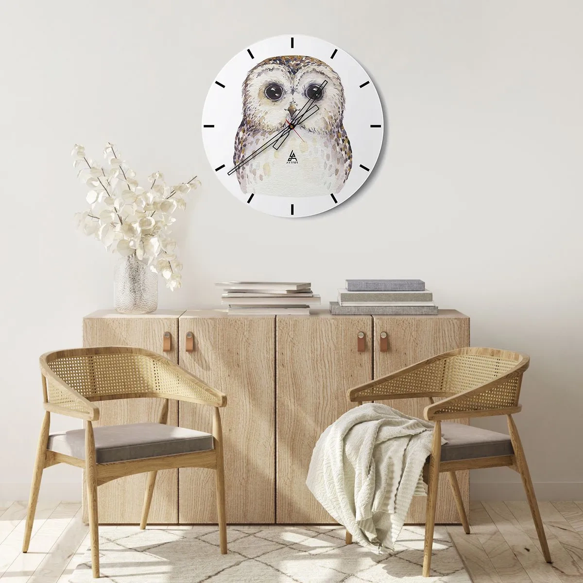 Nástenné hodiny - Akvarelová sova s veľkými očami na bielom pozadí - 30x30cm - Pozri sa mi do očí - Moderná nástenná dekorácia do obývacej izby, kuchyne a spálne ARTTOR