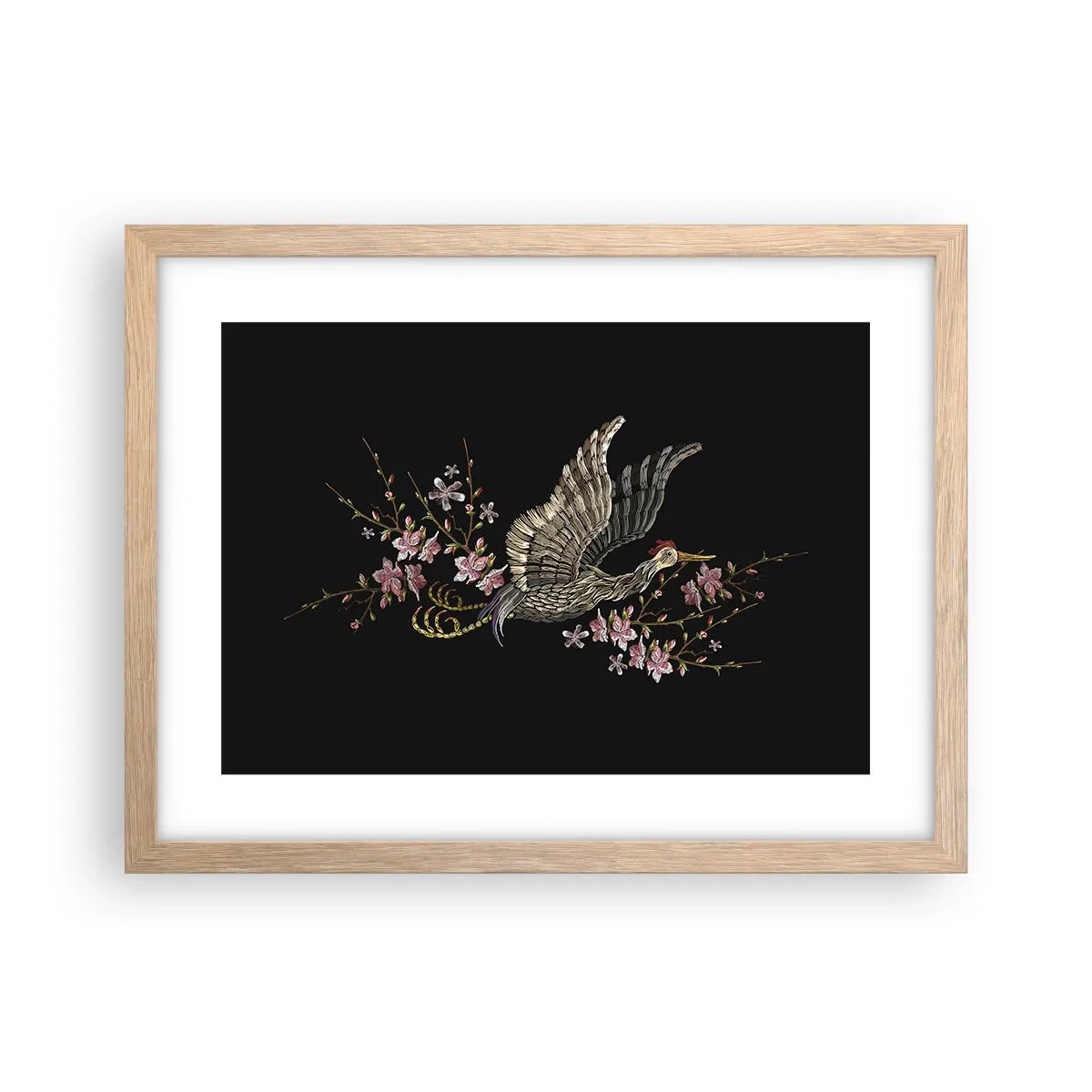 Plagát v ráme zo svetlého duba - Exotický vyšívaný vták - 40x30 cm