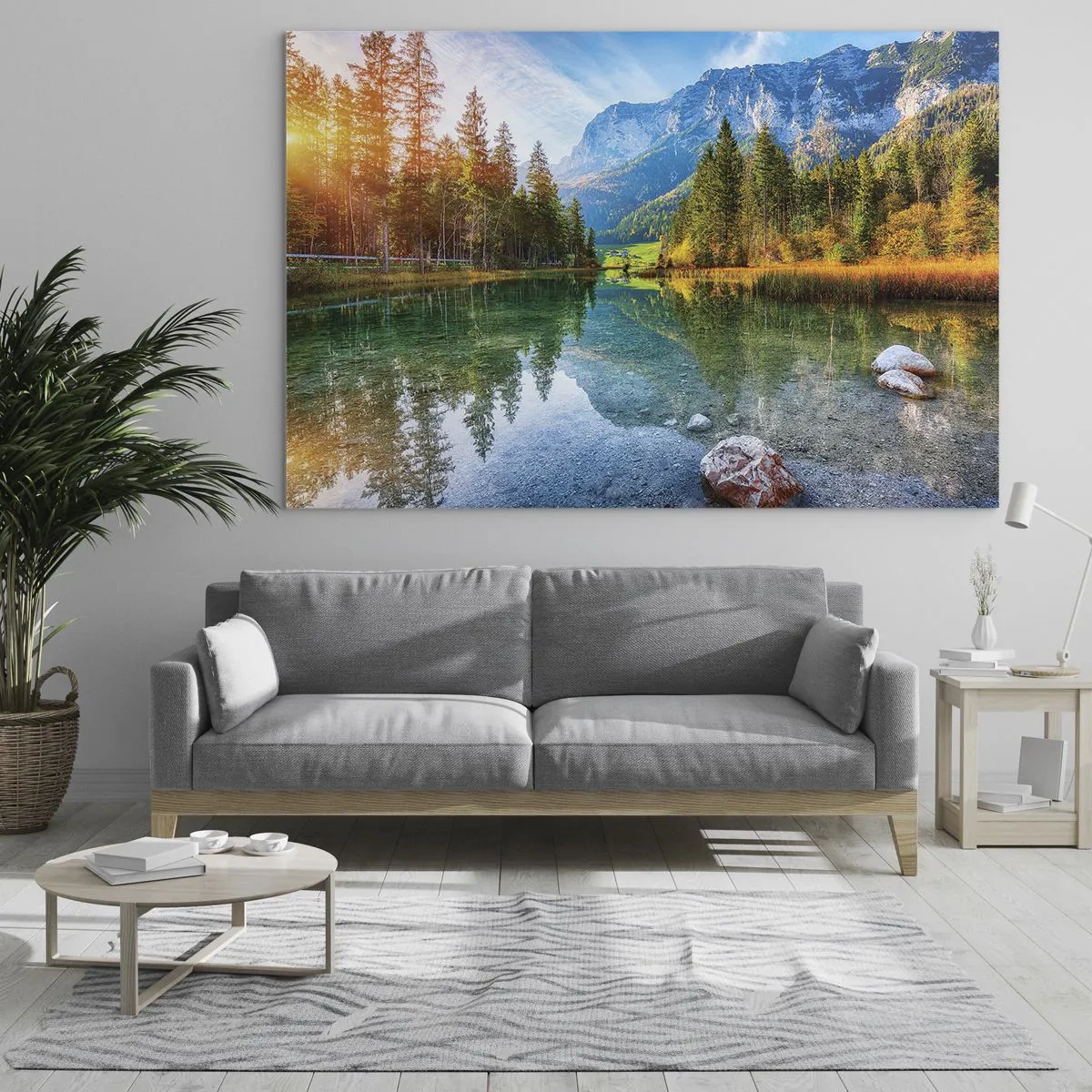 Obraz na skle - Horské jazero obklopené lesom a majestátnymi štítmi - 70x50cm - Nežnosť jesene - Moderná nástenná dekorácia do obývacej izby a spálne ARTTOR