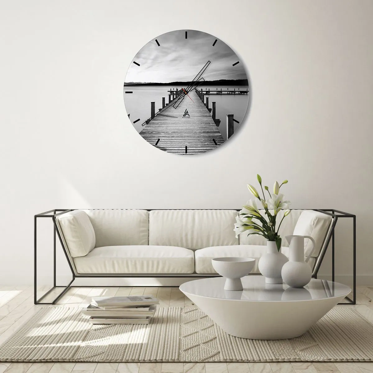Nástenné hodiny - Drevené mólo vedúce do hlbín pokojného jazera - 30x30cm - Pri napájadle – pokoji - Moderná nástenná dekorácia do obývacej izby, kuchyne a spálne ARTTOR
