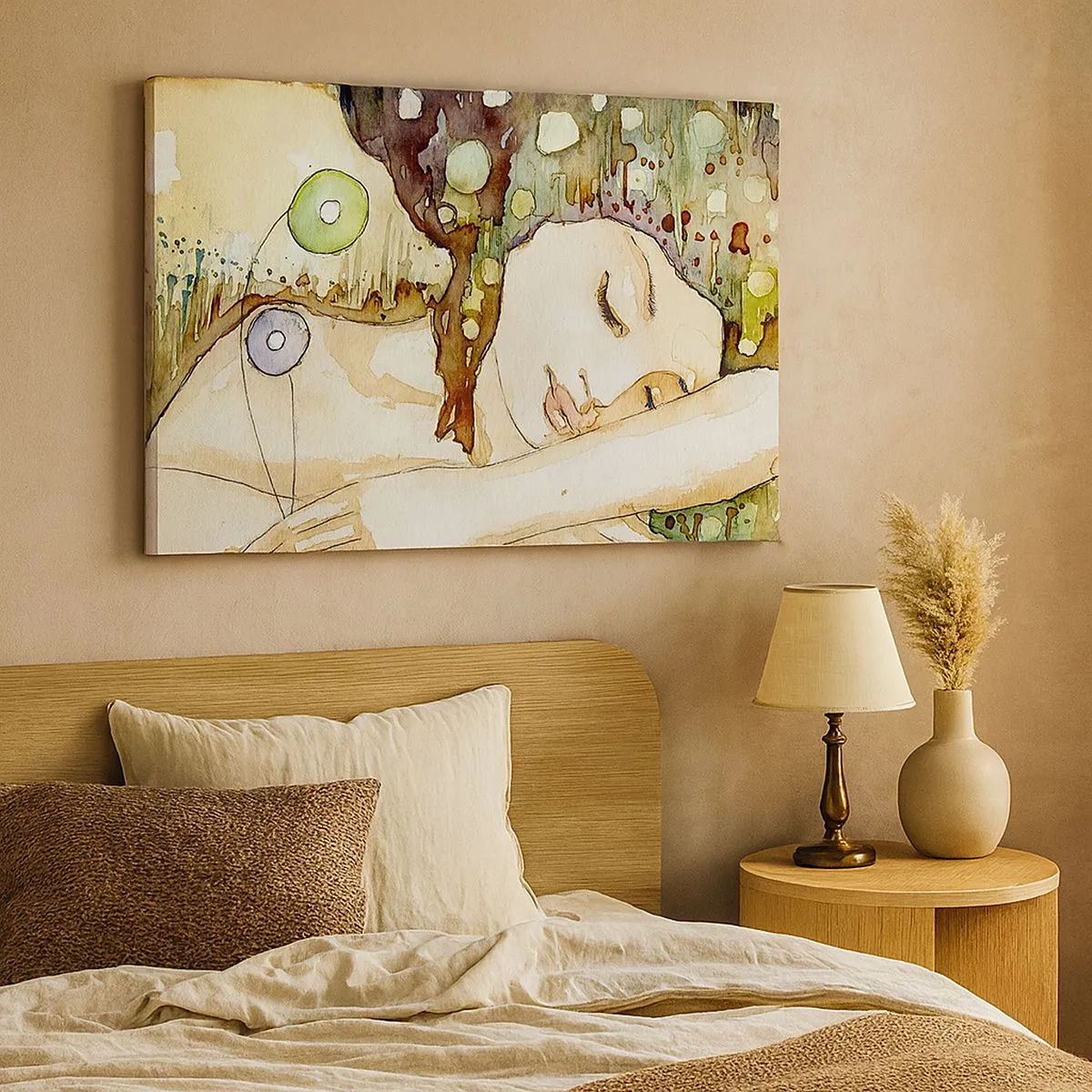 Obraz na plátne - Žena snívajúca obklopená abstraktnými tvarmi a farbami. - 70x50cm - Smaragdovo-fialový sen - Moderná nástenná dekorácia do obývacej izby a spálne ARTTOR