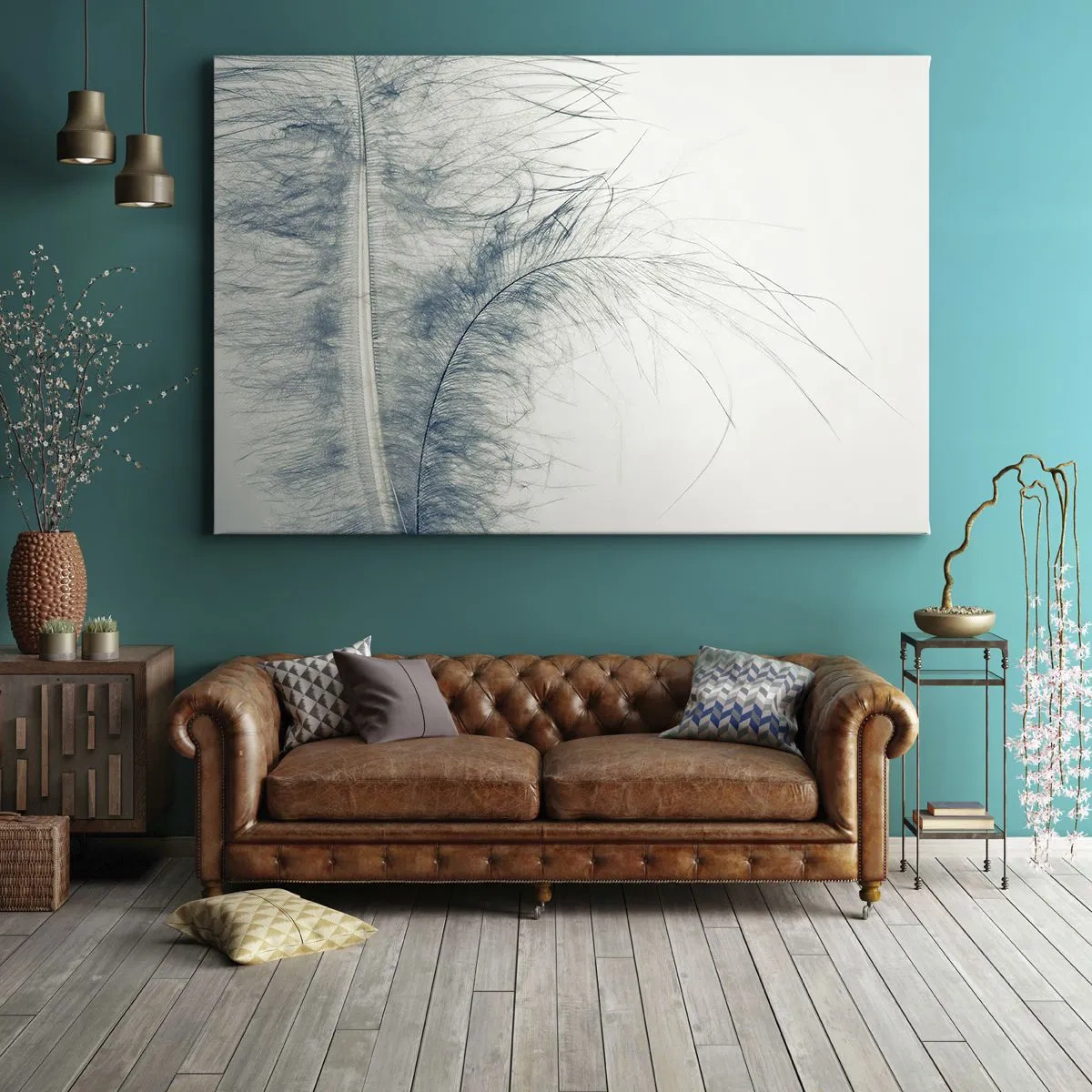 Obraz na plátne - Jemné pierko v pastelových odtieňoch na svetlom pozadí - 70x50cm - Šepot prírody - Moderná nástenná dekorácia do obývacej izby a spálne ARTTOR