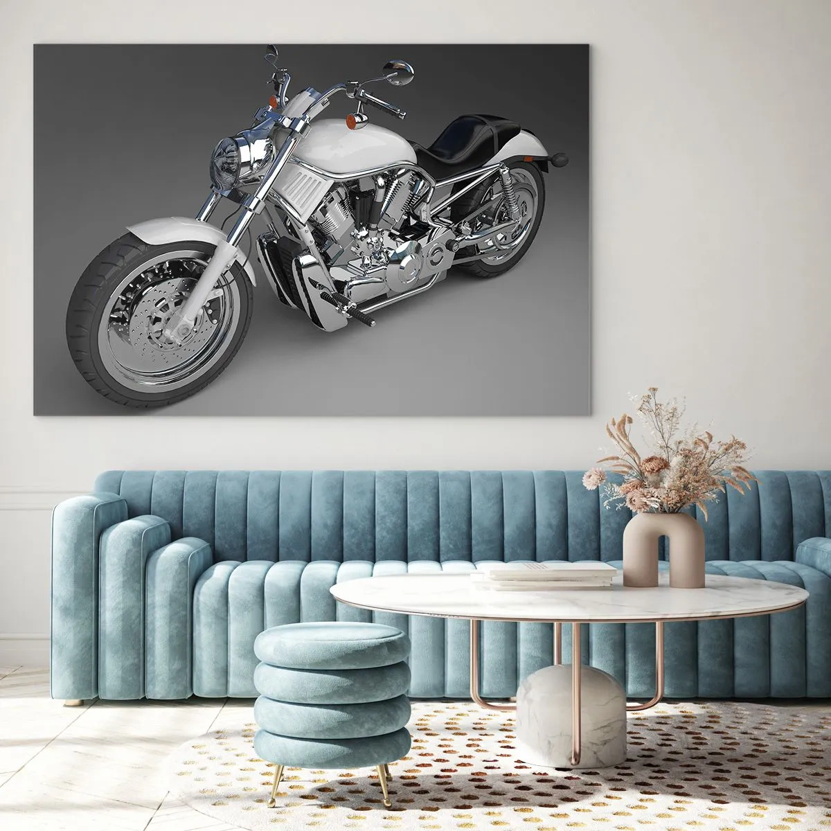 Obraz na skle - Štýlový motocykel na sivom pozadí s moderným nádychom - 70x50cm - Až si chcete kľaknúť - Moderná nástenná dekorácia do obývacej izby a spálne ARTTOR