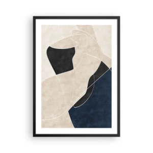 Plagát v čiernom ráme - Geometrická abstrakcia v odtieňoch béžovej, čiernej a námorníckej modrej - 50x70cm - Abstraktná kompozícia – kontrast farieb - Moderná nástenná dekorácia do obývacej izby a spálne ARTTOR