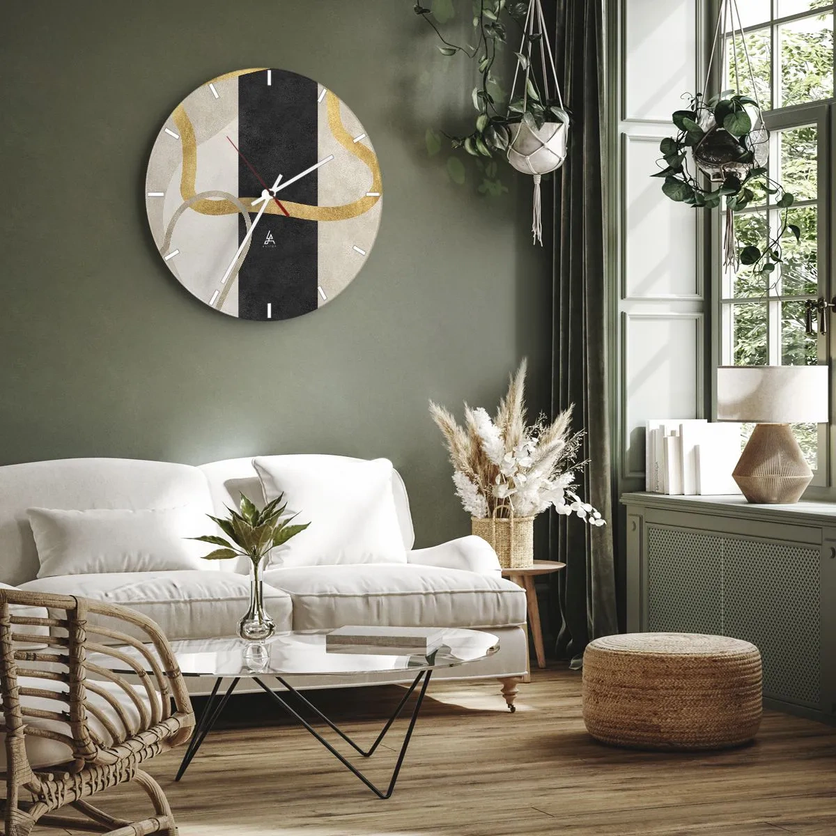 Nástenné hodiny - Zlaté čiary na pozadí čierneho pruhu a béžových tvarov - 30x30cm - Tvary v slučke - Moderná nástenná dekorácia do obývacej izby, kuchyne a spálne ARTTOR
