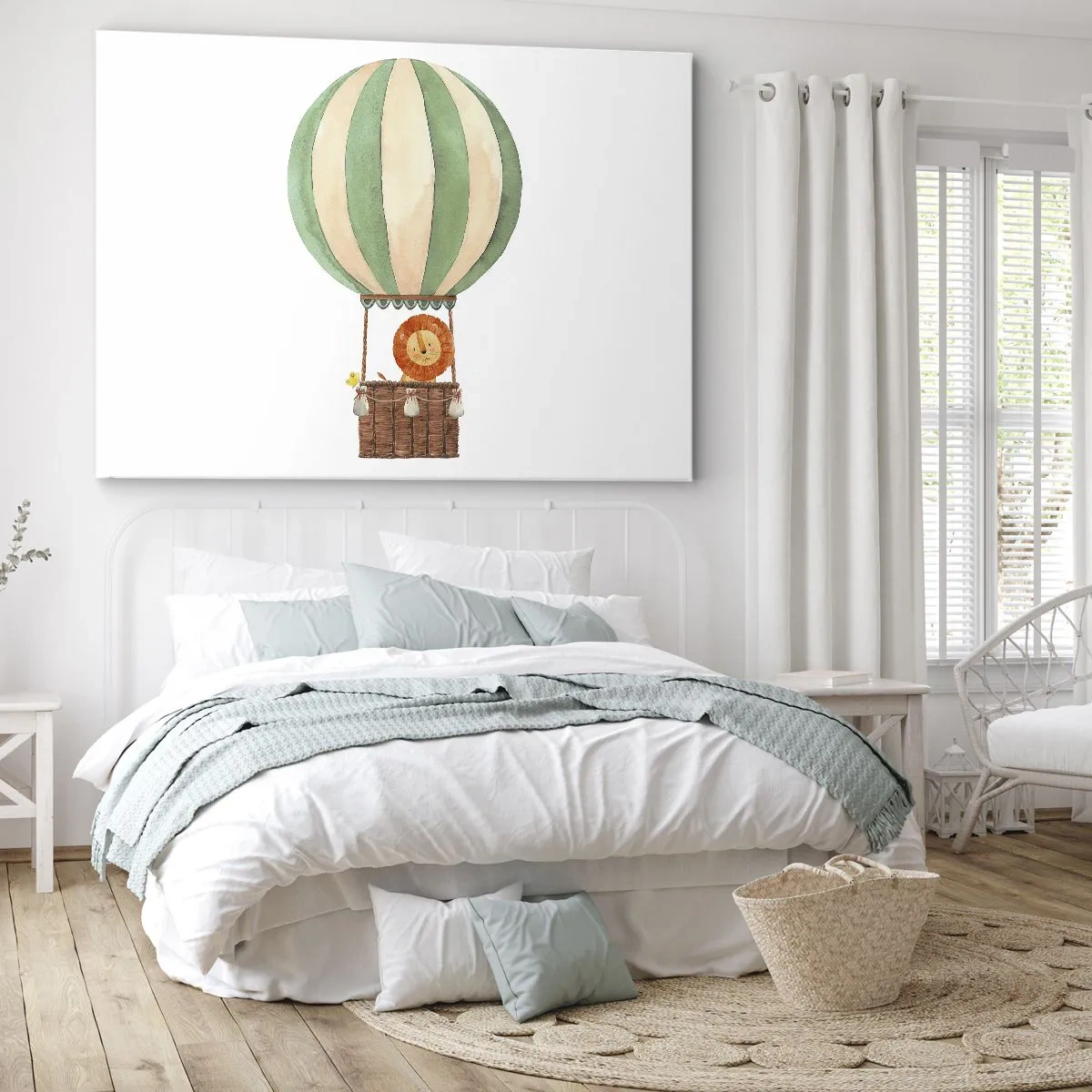 Obraz na plátne - Balón s usmievavým levom v pastelovo sfarbenom košíku - 70x50cm - Leonove cesty - Moderná nástenná dekorácia do obývacej izby a spálne ARTTOR