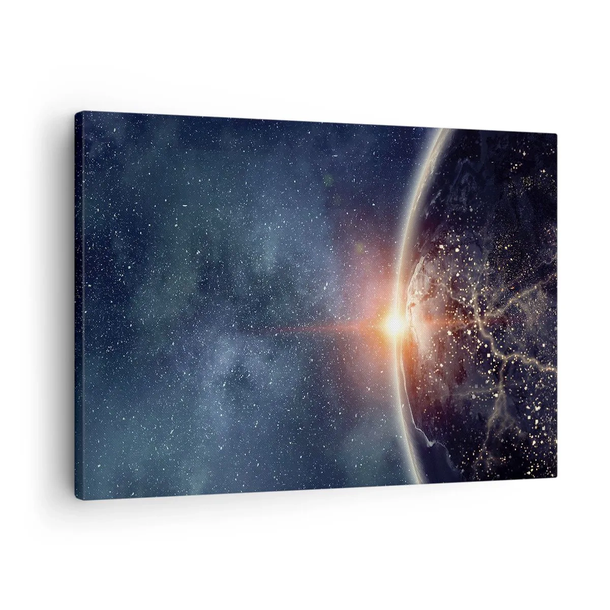 Obraz na plátne - Zem videná z vesmíru s vychádzajúcim slnkom - 70x50cm - V novej perspektíve - Moderná nástenná dekorácia do obývacej izby a spálne ARTTOR