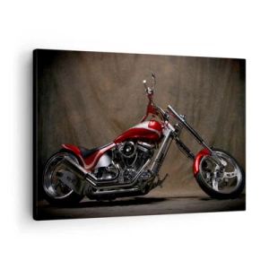 Obraz na plátne - Červený zákazkový motocykel na hnedom látkovom pozadí - 70x50cm - Červeno-strieborná krása - Moderná nástenná dekorácia do obývacej izby a spálne ARTTOR
