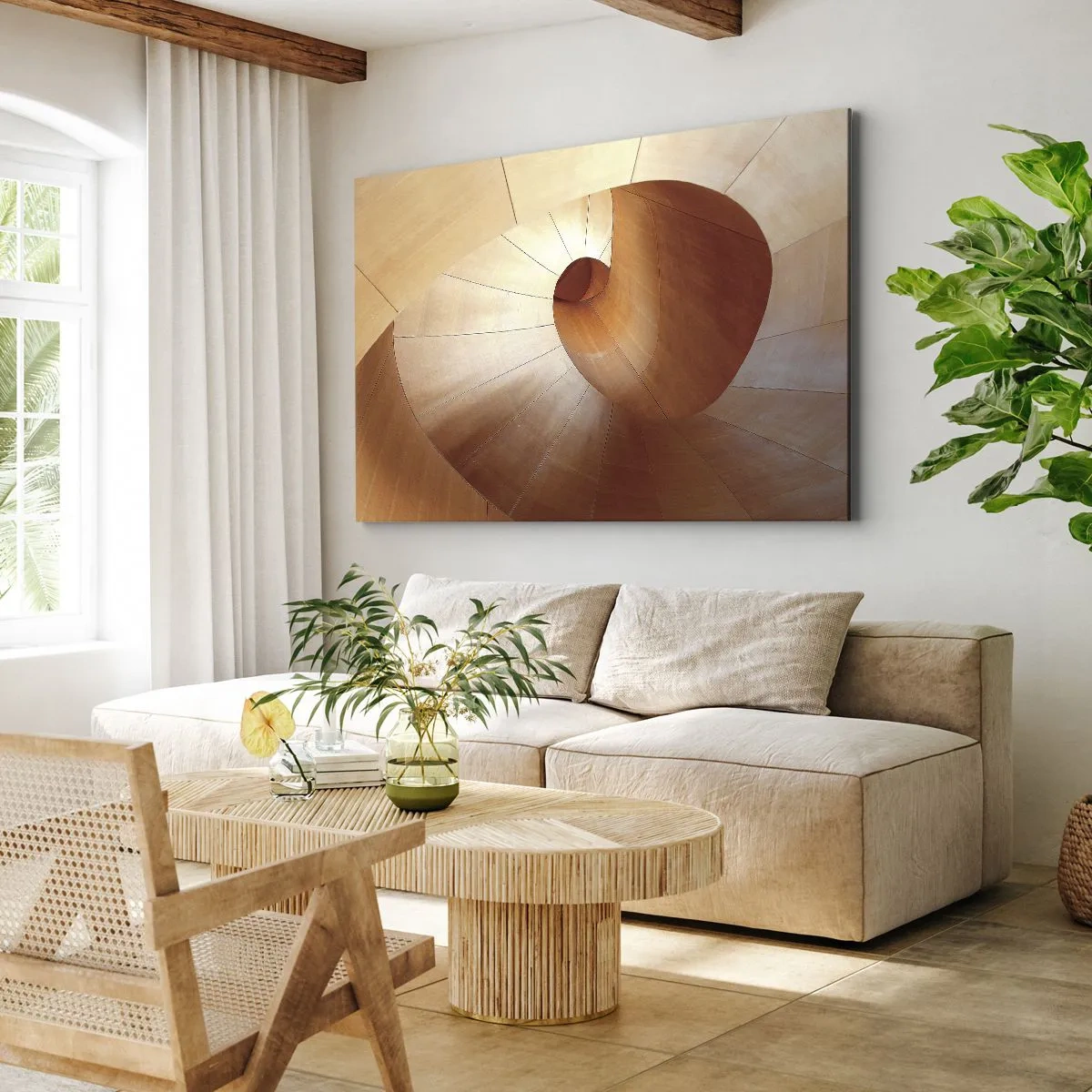 Obraz na plátne - Abstraktná špirála v odtieňoch dreva a svetlohnedej - 70x50cm - Architektonická serpentína - Moderná nástenná dekorácia do obývacej izby a spálne ARTTOR