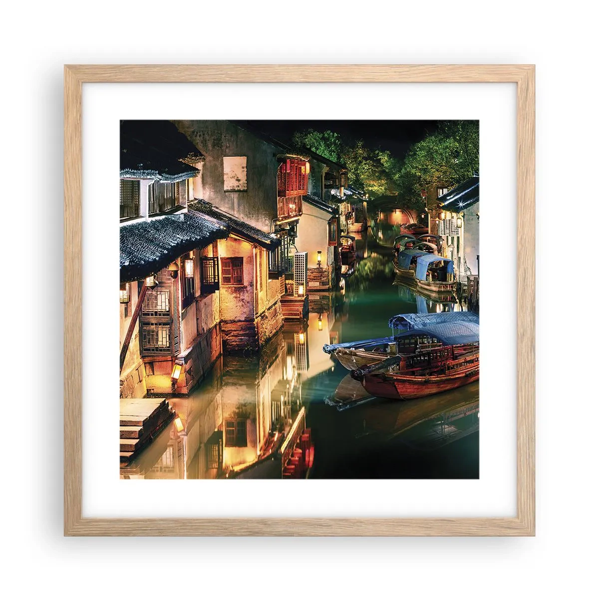Plagát v ráme zo svetlého duba - Večer na čínskej ulici - 40x40 cm