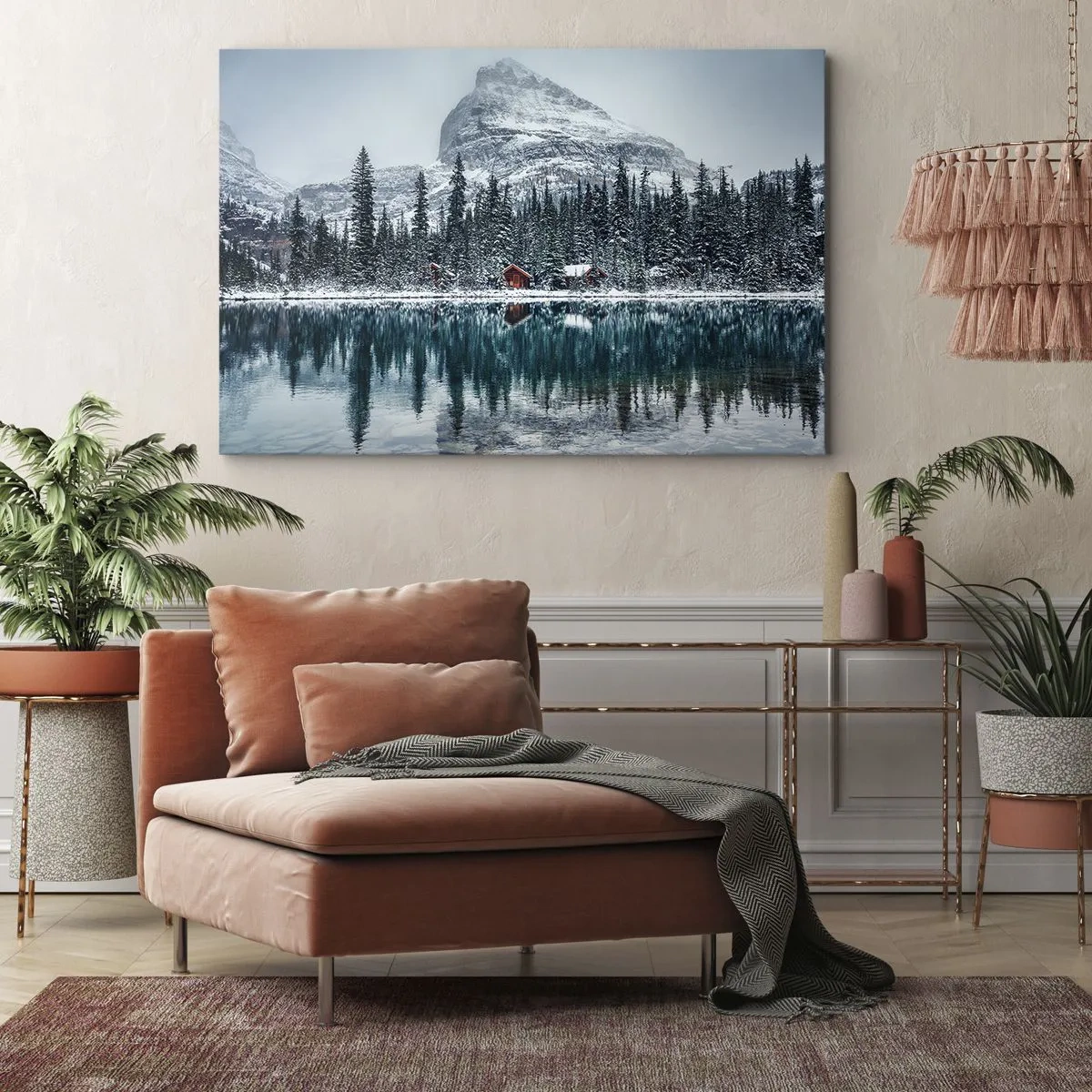 Obraz na plátne - Zimná krajina s chatkami v lese pri zamrznutom jazere - 70x50cm - Kanadské útočisko - Moderná nástenná dekorácia do obývacej izby a spálne ARTTOR