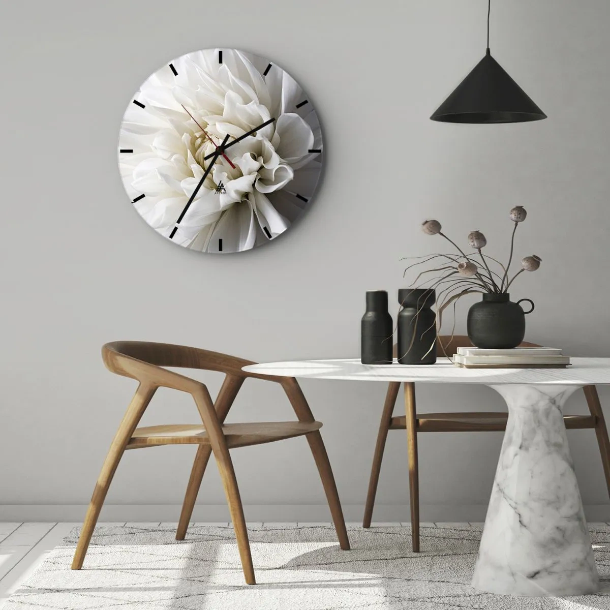 Nástenné hodiny - Jemný biely kvet s detailným záberom okvetných lístkov - 30x30cm - Ráno s nevestou - Moderná nástenná dekorácia do obývacej izby, kuchyne a spálne ARTTOR