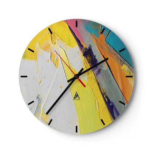 Nástenné hodiny - Farebná abstrakcia s prevahou žltej, bielej a modrej - 30x30cm - Anatómia svetla - Moderná nástenná dekorácia do obývacej izby, kuchyne a spálne ARTTOR