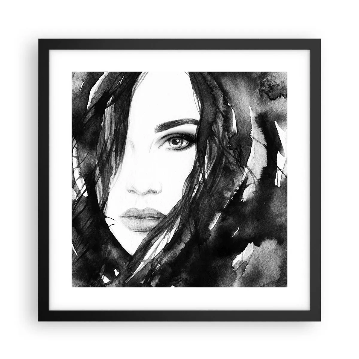 Plagát v čiernom ráme - Portrét dámy v čiernej a bielej - 40x40 cm