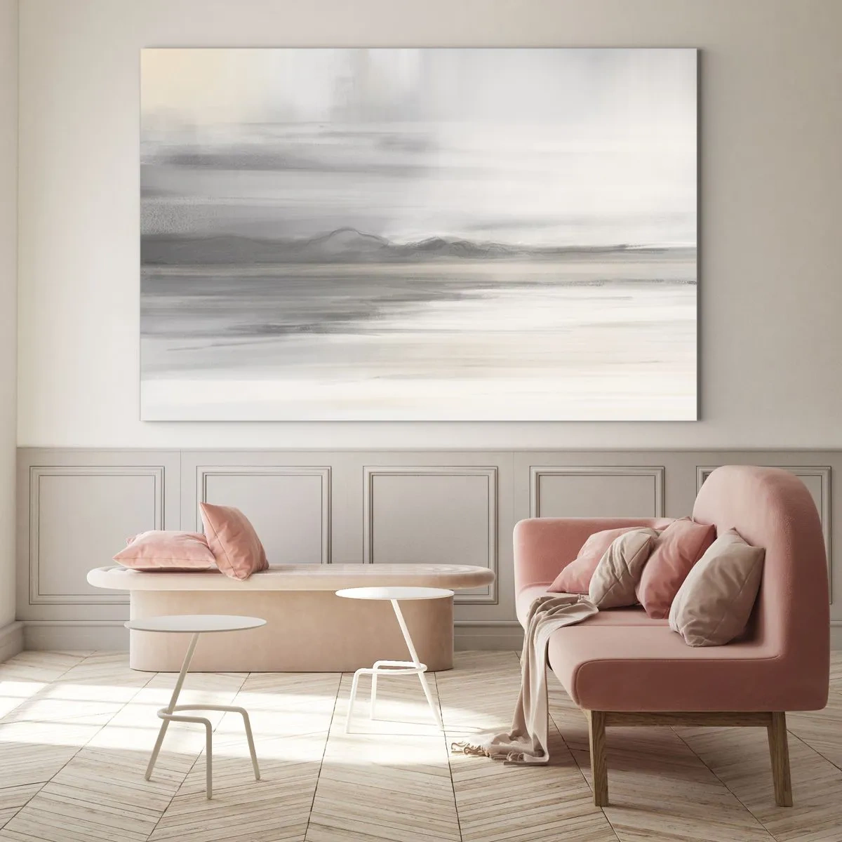 Obraz na skle - Jemná, rozmazaná horská panoráma v pastelovosivých tónoch - 70x50cm - Zamyslená diaľka - Moderná nástenná dekorácia do obývacej izby a spálne ARTTOR
