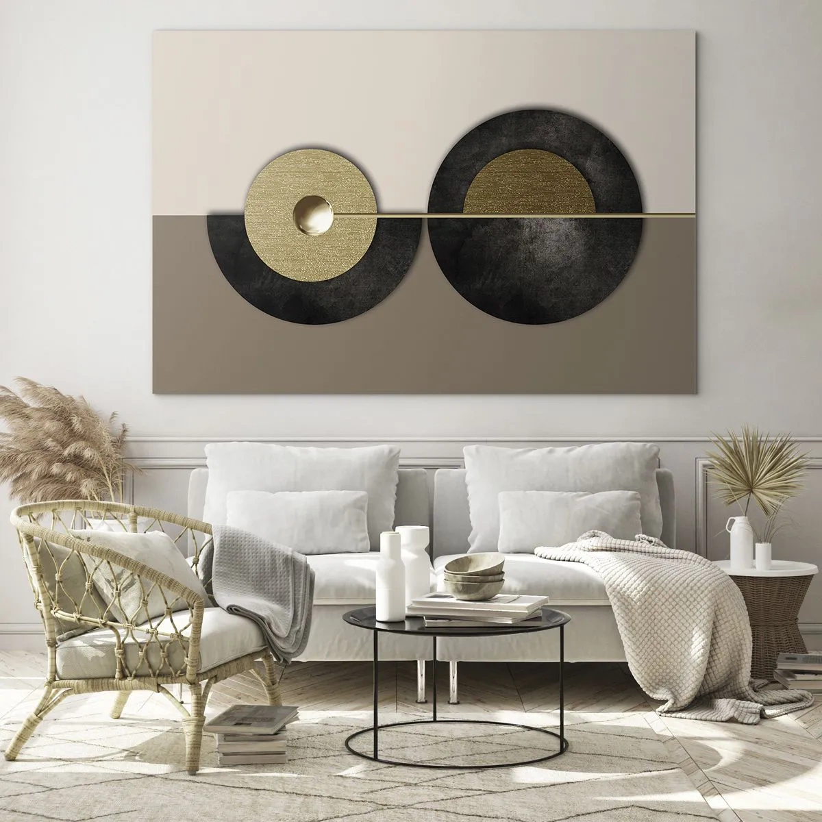 Obraz na skle - Geometrické kruhy v zlatej a čiernej farbe na béžovom pozadí - 70x50cm - Variácie okolo kruhu - Moderná nástenná dekorácia do obývacej izby a spálne ARTTOR