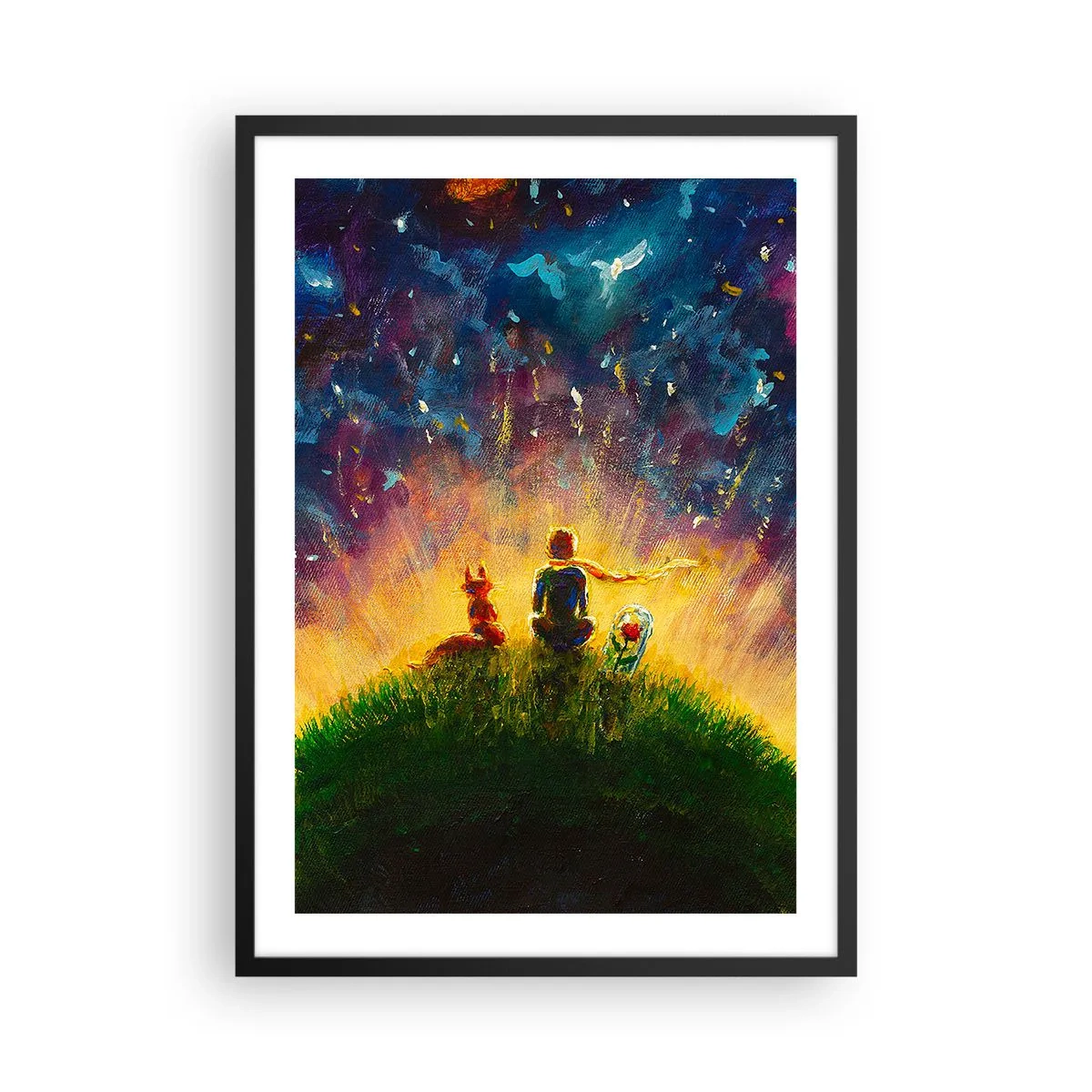 Plagát v čiernom ráme - Postavy sediace na kopci pod hviezdnou oblohou - 50x70cm - Láska a priateľstvo - celý svet - Moderná nástenná dekorácia do obývacej izby a spálne ARTTOR