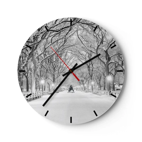 Nástenné hodiny - Zimná alej stromov v parku osvetlená lampášmi - 30x30cm - Štyri ročné obdobia – zima - Moderná nástenná dekorácia do obývacej izby, kuchyne a spálne ARTTOR