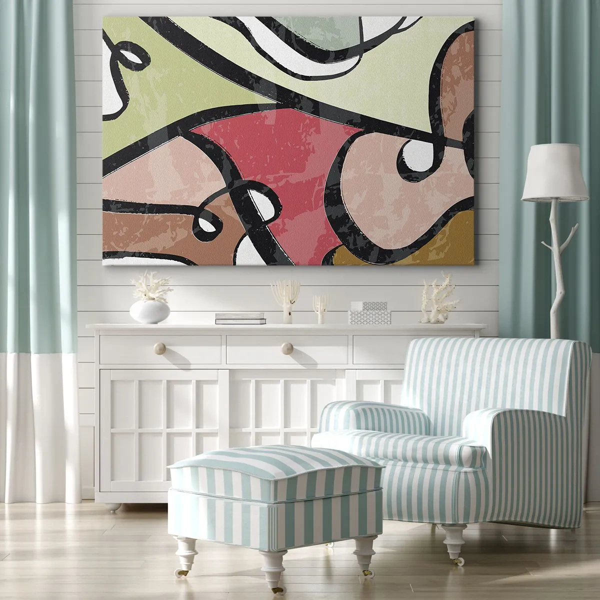Obraz na plátne - Farebné abstraktné tvary s čiernymi čiarami - 70x50cm - Piruety uprostred farieb - Moderná nástenná dekorácia do obývacej izby a spálne ARTTOR