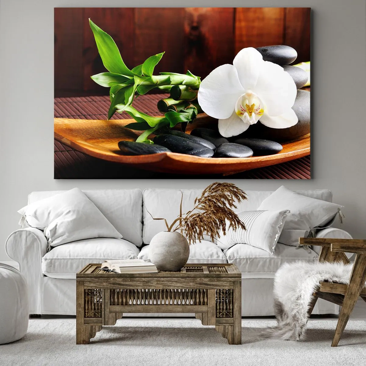 Obraz na plátne - Biela orchidea s bambusom na kamennom pozadí v zenovom štýle - 70x50cm - Oddajte sa dotyku prírody - Moderná nástenná dekorácia do obývacej izby a spálne ARTTOR