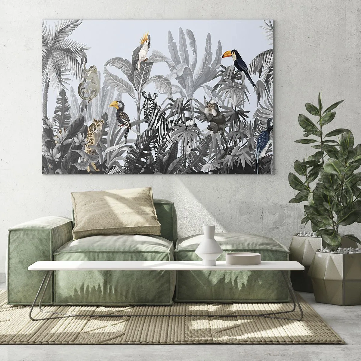 Obraz na skle - Exotické zvieratá v čiernobielej džungli na svetlom pozadí - 70x50cm - Africká rozprávka - Moderná nástenná dekorácia do obývacej izby a spálne ARTTOR